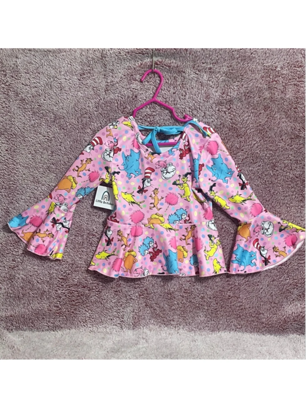 Little Britches Dr. Seuss Character Ruffle Peplum top & Furry Bell Bottom Set 2T